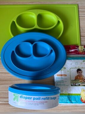 Lot of 2 EZ PZ Silicone Happy Mat Baby Toddler Tray Lime Green & Blue